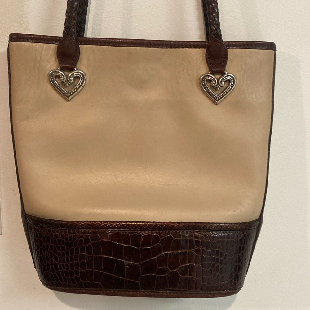 BRIGHTON Cream and Brown Leather Tote with Hearts Braided Straps